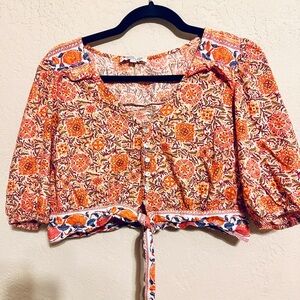 Rachel Zoe Orange Floral Crop Blouse size Large EUC
